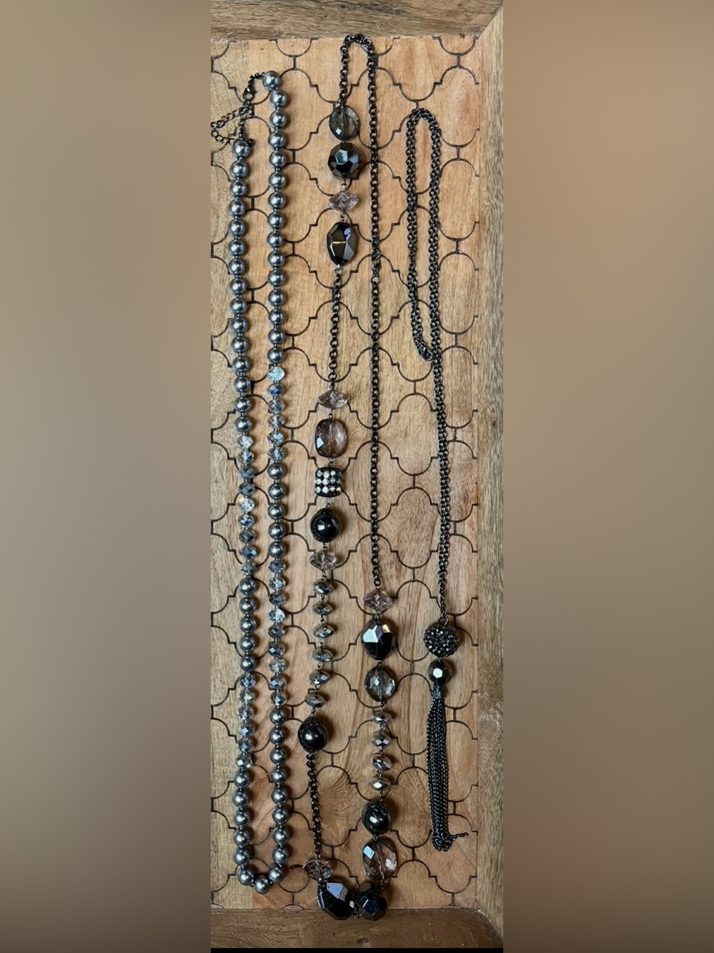 Dark toned (Black, Gunmetal, Bronze) Beaded Necklace Set of 3. Multi Media